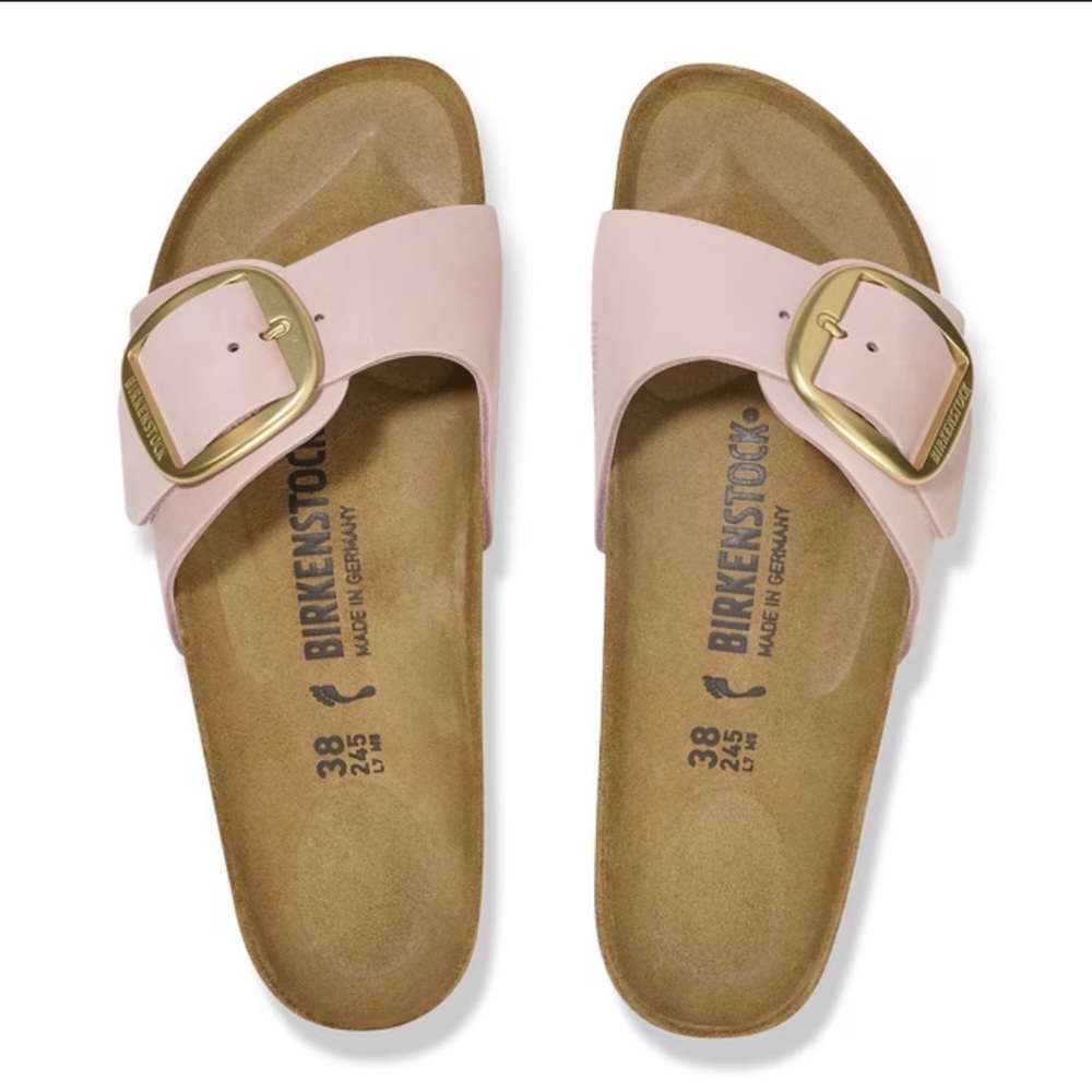 Birkenstock Madrid Big Buckle Strap Sandals in Barbie Pale Pink with Gold Buckle